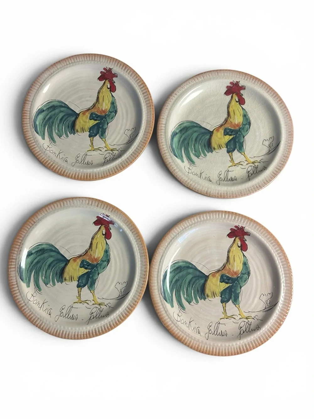 Pottery Barn Bon Kiva Rooster Salad Plates 9.5” Set of 4 Farmhouse